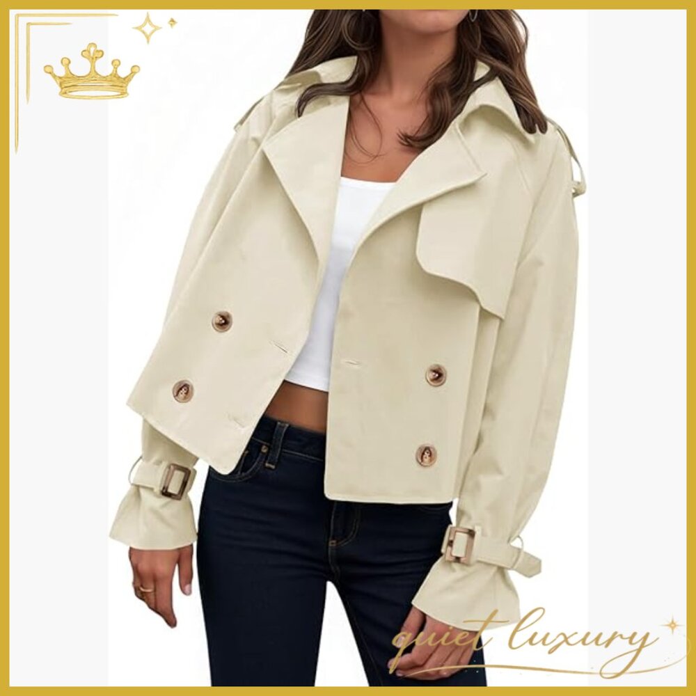 Oversized Cropped Trench Coat Double Breasted Lapel Long Sleeve Jacket